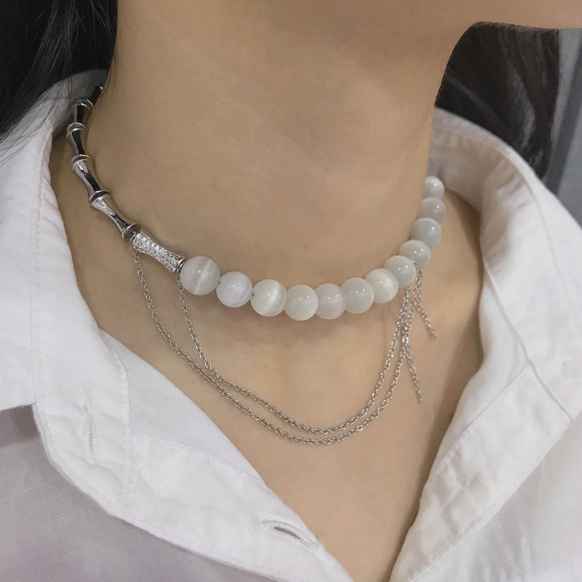 S925 Sterling Silver Bamboo-Link Necklace with Diamonds & Opal