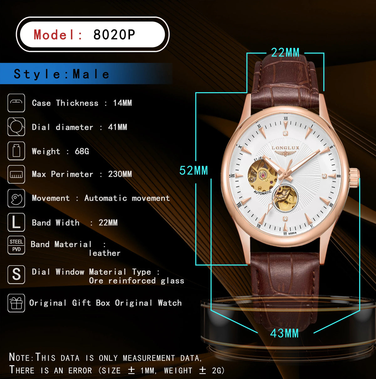 LONGLUX Automatic Watch Elegant Style Wholesale Mechanical Wristwatches Skeleton Rome Waterproof Mens Watch Men Gift